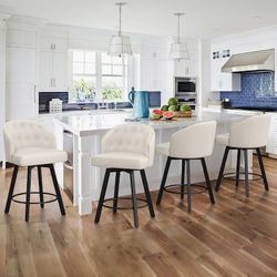 Set Of 4 LUE BONA Ivory/Faux leather 26.4-in H Counter height Upholstered Swivel Metal Bar Stools