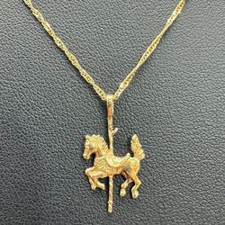 14k solid yellow gold Carousel Horse pendant/charm & 24” rope chain necklace
