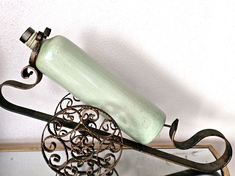 Antique German Stoneware Bottle & Wrought Iron Stand