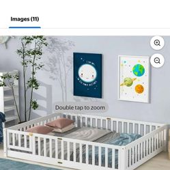 PAPROOS Queen Size Floor Bed, Solid Wood Floor Platform Bed with Slat, Fence Guardrail and Door, No Box Spring Needed, Toddler Bed Montessori Bed, Que