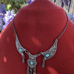 Heavy Silver Sleeping beauty turquoise Vintage Custom Guilted And Hand Scrolled Carved Necklace 