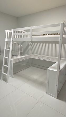 Wood Loft Bed Full Size with U Shape Desk, Storage Shelves & Drawers, White High Loft Bed with Tri-Fold Mirror,