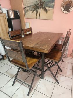 Industrial Wood and Metal Dining Table Set