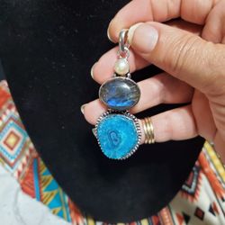 Silver Pendant With Natural Stones And Pearl