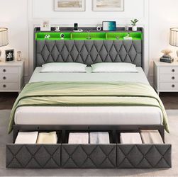 Gray King Size Bed Frame with 3 Storage Drawers