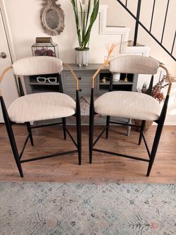 Arhaus Inspired 37.25 in. Low Back Beige and Black Wood and Metal Frame Counter Stool (Set of 2)