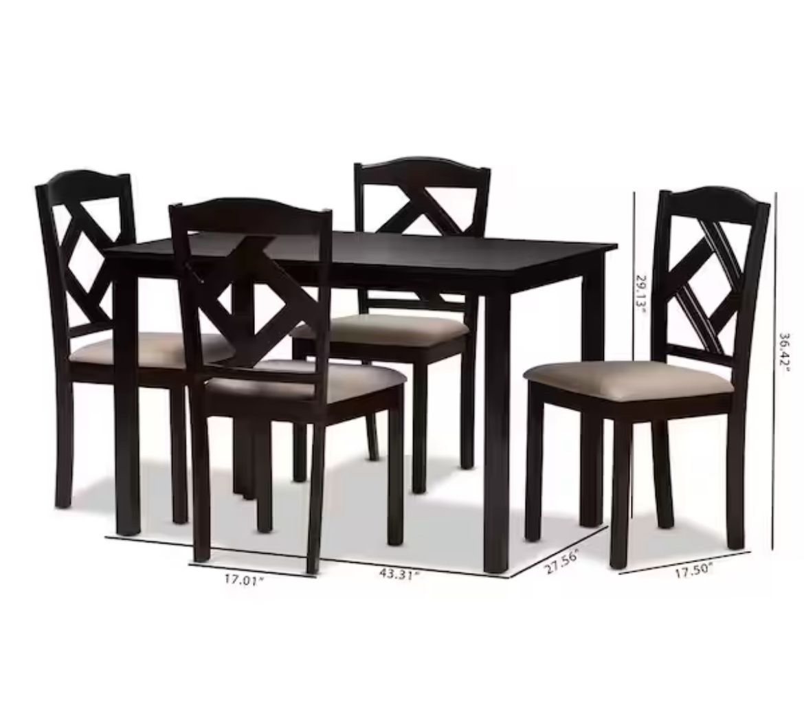 Free Delivery! Brand New in Box 5-Piece Beige & Dark Brown Dining Set. 1 dining table & 4 Chairs.