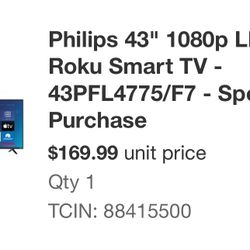 Philips 43” 1080p Roku Smart TV 