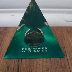 Green Resin Pyramid Paperweight Philippines Coins Embedded and Encased Inside 