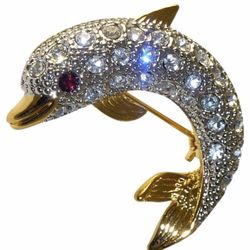 NEW Austrian Crystal signed Dolphin Brooch/pin. Made in USA