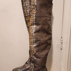 Over Knee PAINTED LEATHER KHAKI See Pictures!