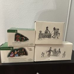 Department 56 Dickens Village Lot – 4 Sets w/ Boxes – Christmas Beginning, Holiday Greenery + More