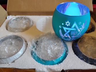 VIHOSE 6 Set Hanukkah Votive Candle Holders Chanukah Glass Tea Light with LED Battery Operated Candles Flameless Lights NEW
