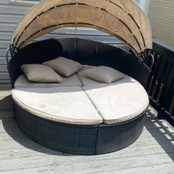 Large Tan Daybed with Shaded Canopy + Pillows – $150