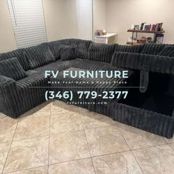 Brand New! Grey Corduroy Sectional With Pullout Bed! Finance Available