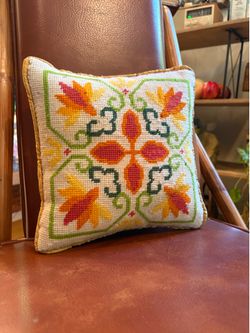 Vintage Folk Art Needlepoint Throw Pillow