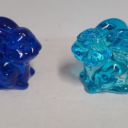 2 Beautiful Blue Glass Rabbit Figurines 