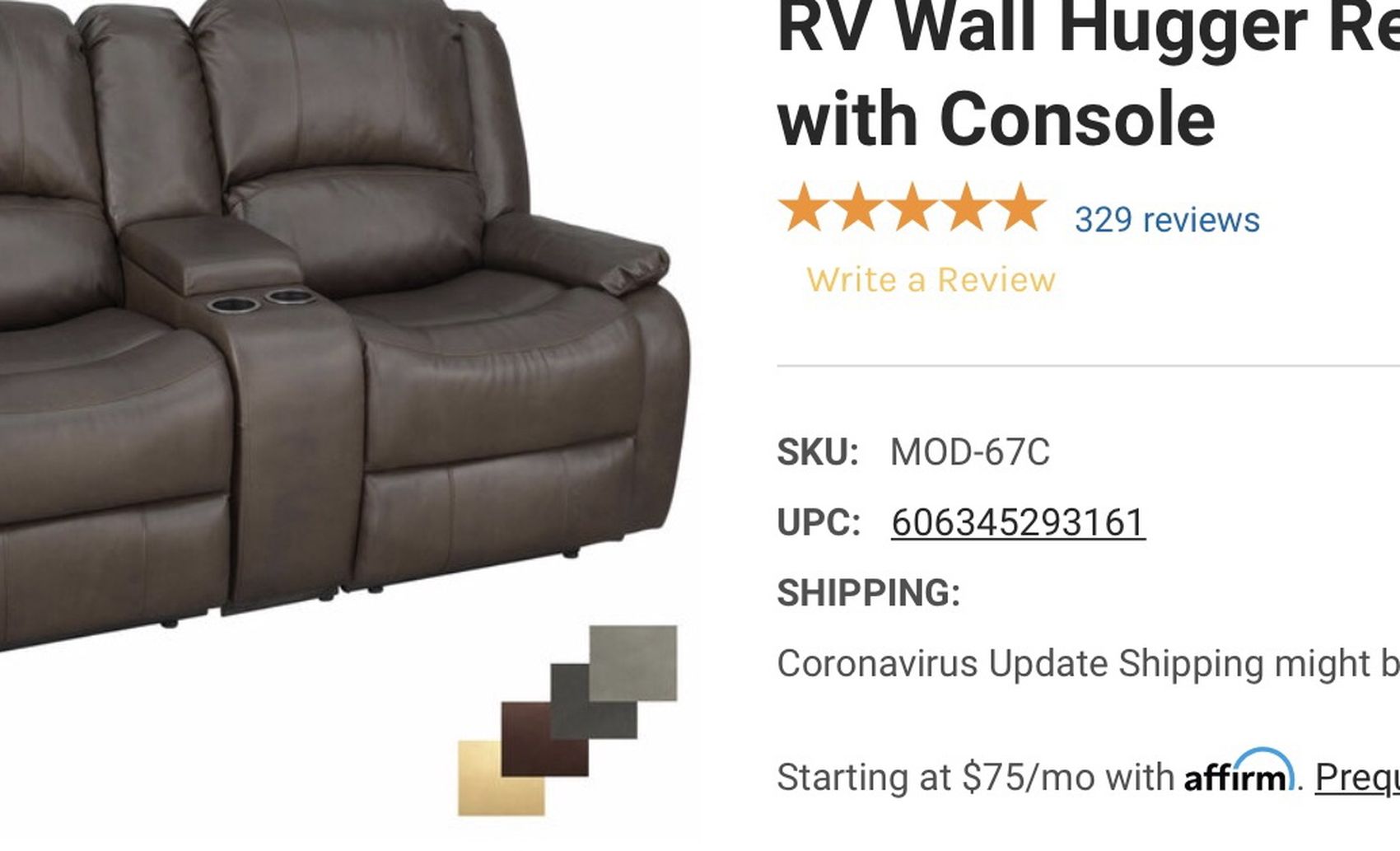 RecPro Double RV Wall Hugger Recliner Sofa With Console Tan