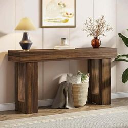 63-Inch Long Console Table, Farmhouse Wooden Sofa Table Behind The Couch（Natural)