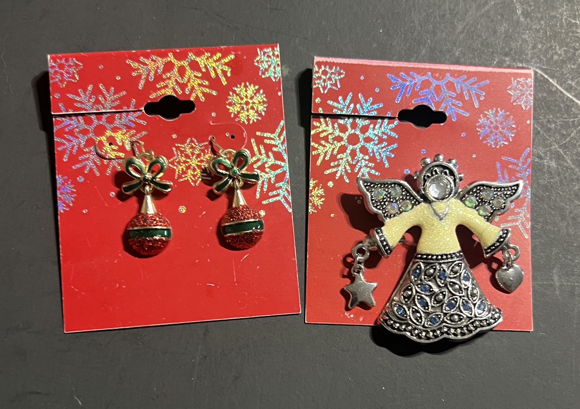 Angel Brooch Pin with Christmas Bell Earrings