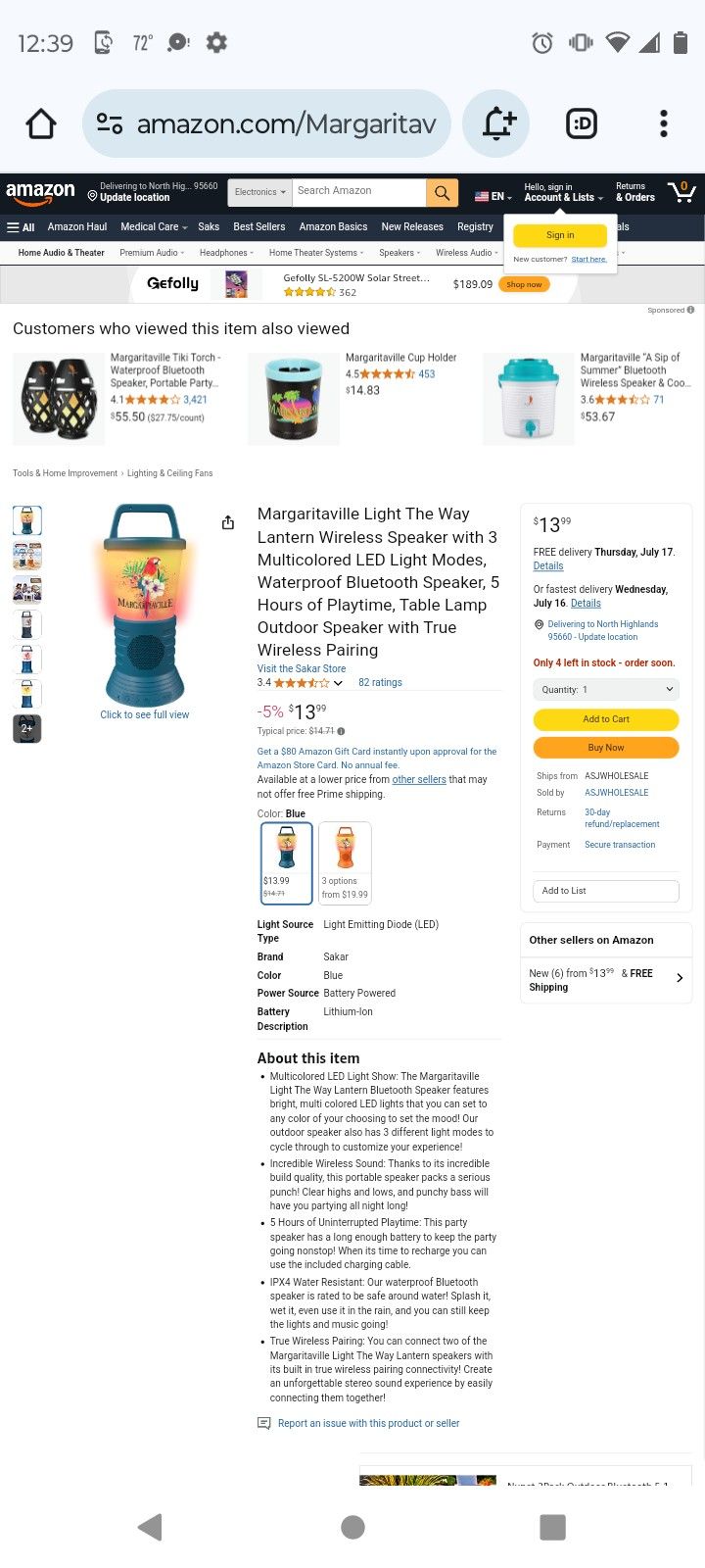 Margaritaville Light The Way Lantern Wireless Speaker Waterproof Bluetooth Speaker
