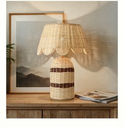 16.3 Inch Boho Rattan Table Lamp, Scalloped Shade