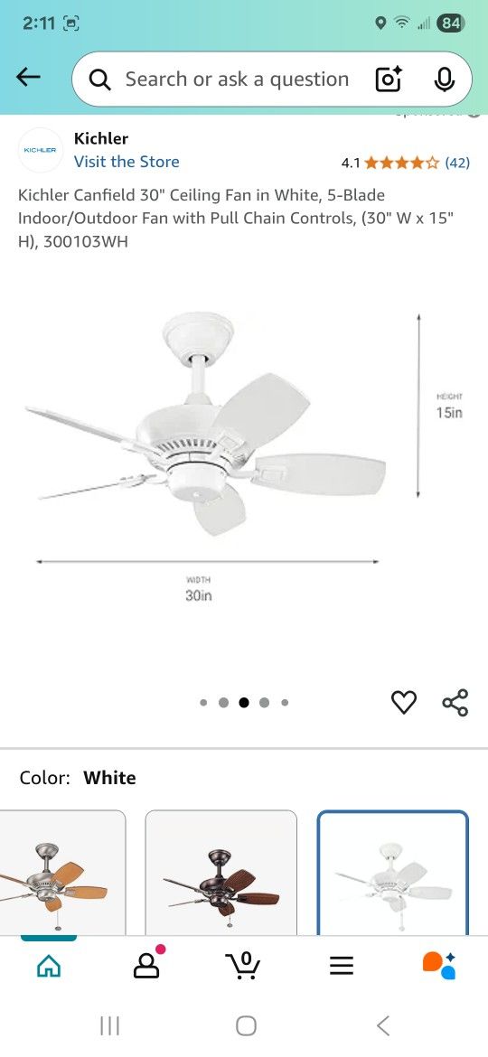 Kichler Canfield 30" Ceiling Fan in White, 5-Blade Indoor/Outdoor Fan with Pull Chain Controls, (30" W x 15" H), 300103WH