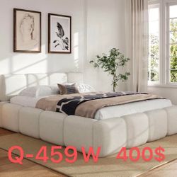 Queen Size Boucle Upholstered Platform Bed Frame, Floor Platform Bed Grounded Bed Frame with Thick Padded Headboard（Q-459W）