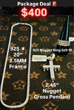 925 Silver Franco Chain, Cross Pendant & Nugget Ring Set