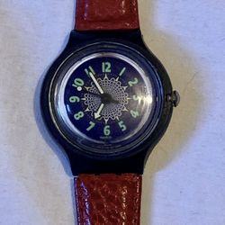 Vintage Swatch Scuba  Blue Dial Black Case Red Leather Band 9”in. SHIPS 1DAY