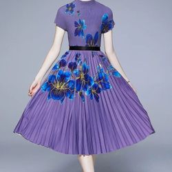 Elegant Autumn Fashion Purple Floral Two Piece Set, Top + Pleated Skirt, Stretchable Fabric, O-Neck, Short Sleeve Vintage  Holiday Evening Women Dress