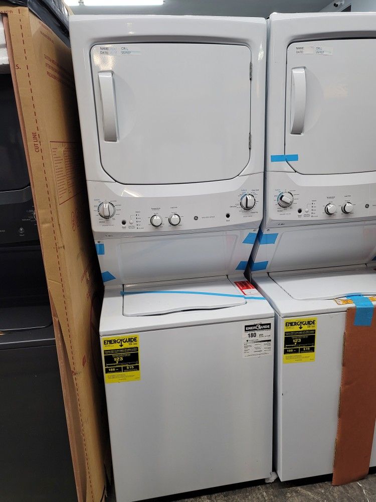 New Open Box GE 27" Wide Top Load Washer And Gas Dryer Laundry Center Stacked Single Unit Stackable