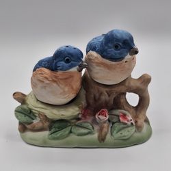 Vintage Floral Bird's Nest Hand Painted Ceramic Salt & Pepper Shaker Set w Stand