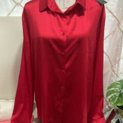 NWT RED SILK SILKY LONG SLEEVED BLOUSE/PAJAMA TOP