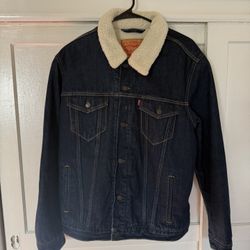 Levis Original Sherpa Lined Trucker Blue Denim Jean Snap Jacket Men’s Size L