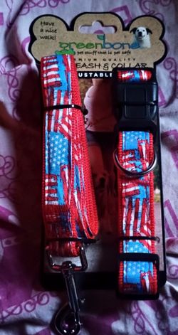 Adjustable Size Dog Collar & Leash American Flag Print 4th Of July