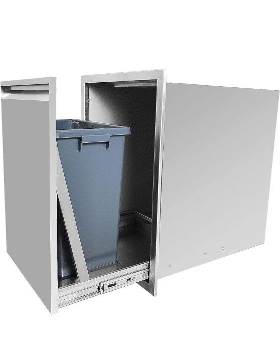 20"W x 27"H x 24"D Stainless Steel Integrated Dual Trash Drawer. Removable trash drawer with 2 5.2 trash bins