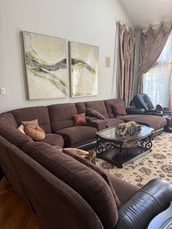 Large Brown Fabric Sectional Sofa