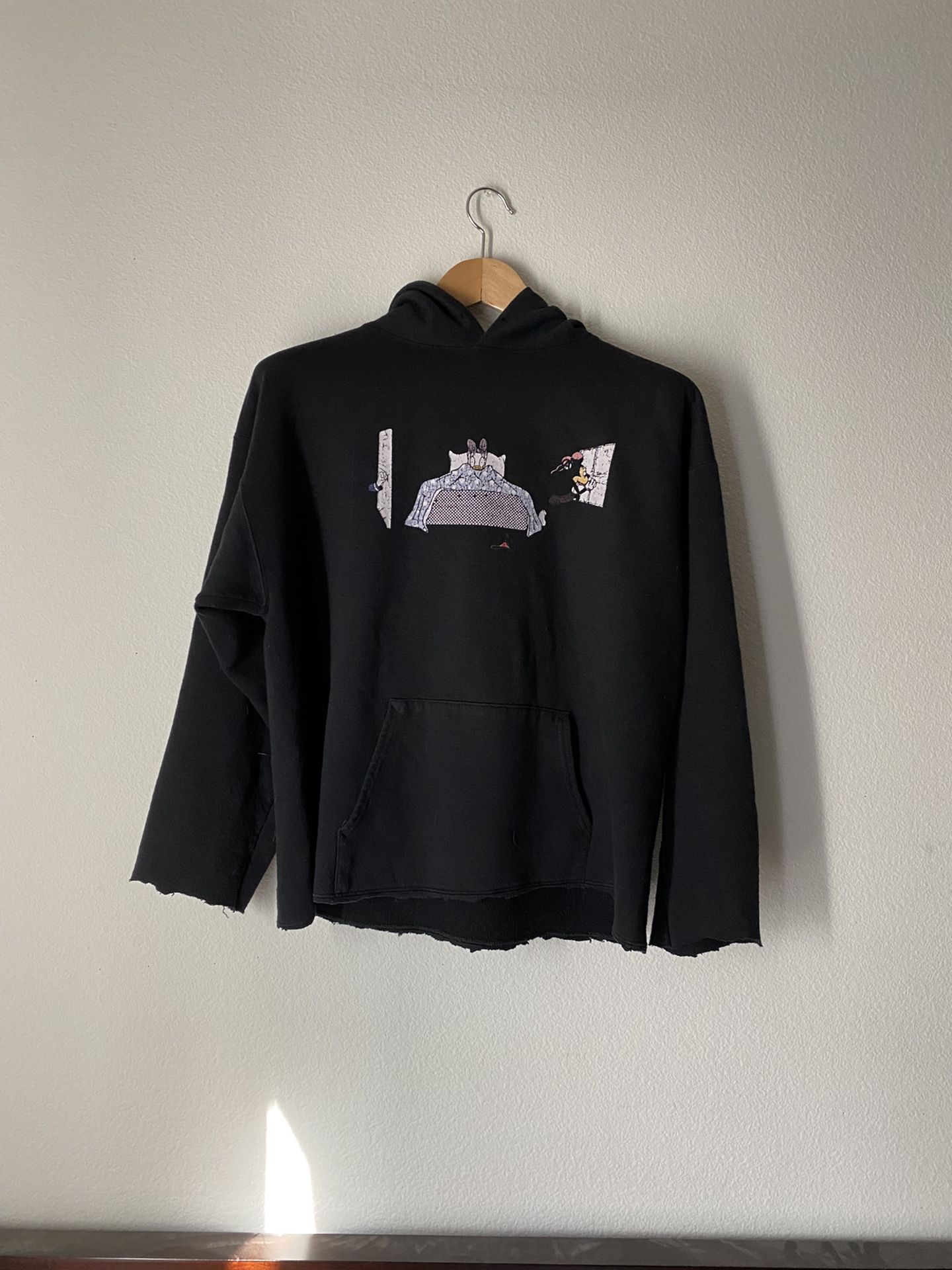 Cignature Mickey Mouse Punk Black Size US Men's Large Hoodie Sweatshirt Made in Los AngelesFaded Graphics on Front and Hood Cropped Arm and Hem