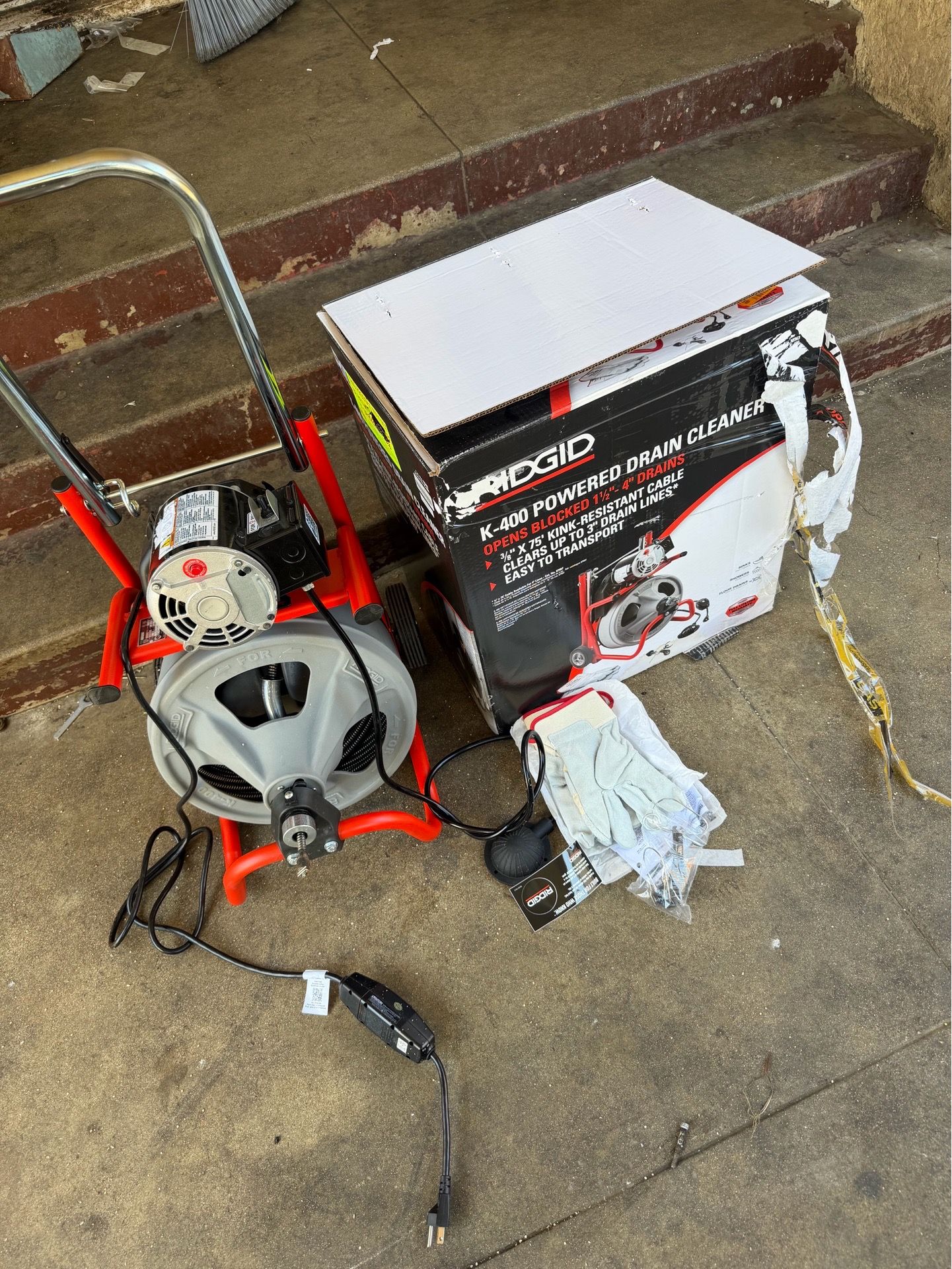 RIDGID K-400 Drain Cleaning Snake Auger 120-Volt Drum Machine with C-32IW 3/8 in. x 75 ft. Cable + 4-Piece Tool Set & Gl