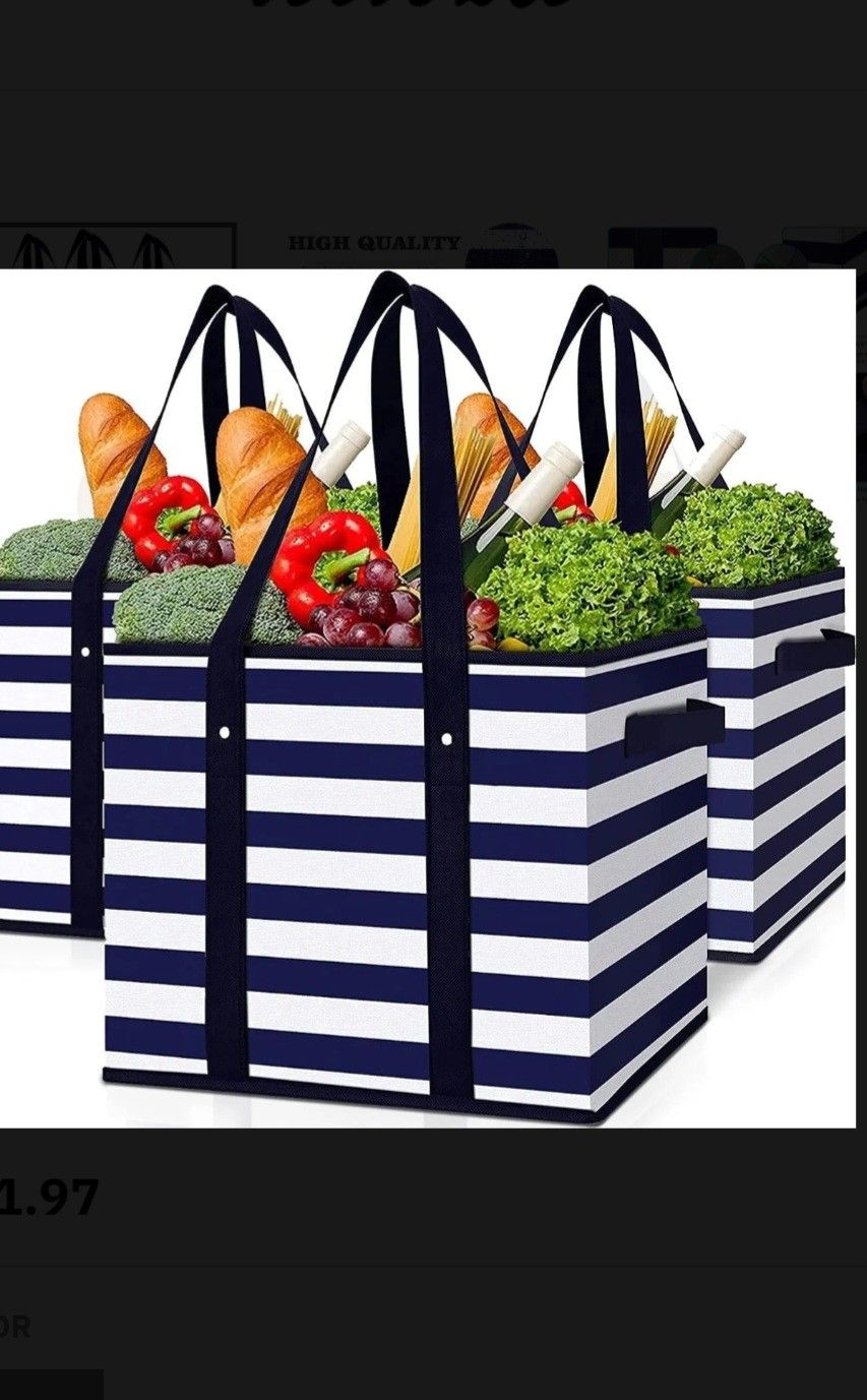 Wiselife 3 Pack Heavy Duty Shopping Bags, Waterproof Collapsible Grocery Tote Bags With Dual Handles