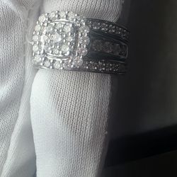 14K Solid White Gold 3 Carat Double Halo Wedding Set Brand New!