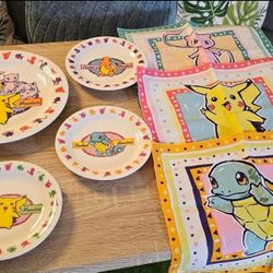 Vintage lottery Pokemon Meiji plates and placemats