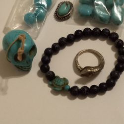Turquoise Howlite Skull Large Bead, blk Bead Bracelet Turtle Turquoise, Snake Ring  And Loose Howlite Beads