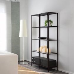 Ikea VITTSJÖ Shelf unit, Gold/glass, 39 3/8x68 7/8 "