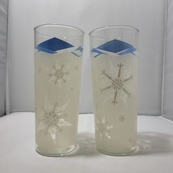 Libbey Vintage 1950's Blue Snowflake Atomic Highball Drinking Glass Lot Of 2 (KZ