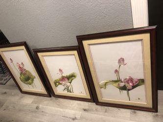 3 custom frames of imported embroidered Asian art of Lotus Flower