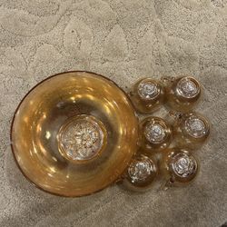 Rare Find 1950’s Vintage Jeanette Glass Marigold Egg Nog Punch Set. Orange Lusterware Punch Bowl And Six Cups In Mint Condition 