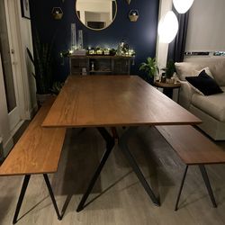 Modern Wood & Black Metal Dinning Table & 2 Bench Set (Used) - Living Spaces Weaver II