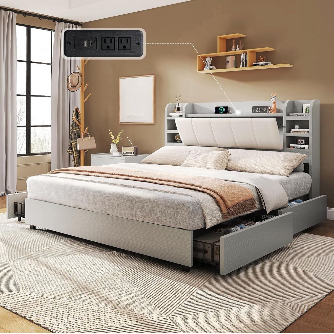 Queen Size Bed Frame with Storage and Charging Station – New in Box